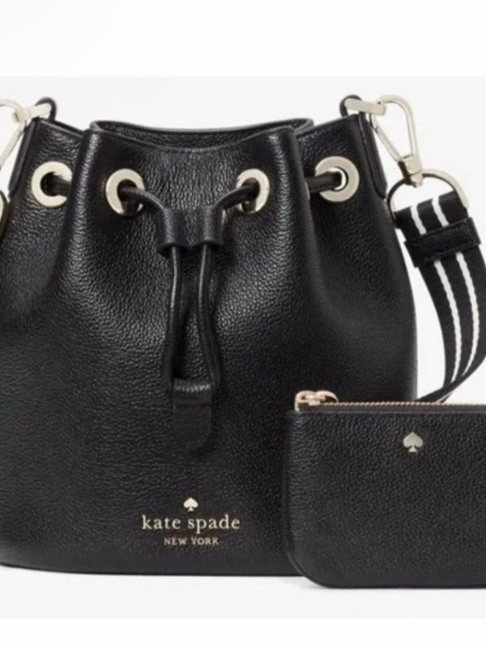 New Kate Spade Rosie M/L Bucket Bag Pebble Leather Black with Pebble Coin Purse